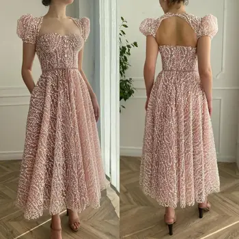 14924 #IENA Розово дантелено рокля за абитуриентски бал с къси ръкави и цепка във формата на сърце, рокли за абитуриентски бал чаена дължина с панделки на колана, сватбени рокли за партита