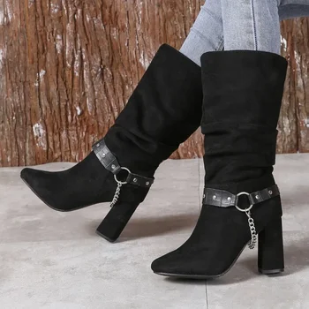 2023 Дамски обувки, дамски ботуши до коляното, дамски ежедневни обувки в стил ретро, Метална верижка с кръгли пръсти, Дамски обувки на висок ток