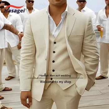 2023 Мъжки костюм от ленено материал, яке, панталони, жилетка, комплект от 3 теми, Сватбен смокинг за младоженеца, Дишаща оборудвана официално сако