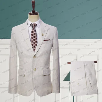 2023 Нов Мъжки летен бизнес костюм от висок клас, официален костюм от чист лен цвят Каки, на малка сватбена рокля на булката, сако-панталон от две части