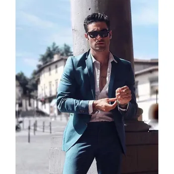 2023 Нови Модни Мъжки Сватбени костюми цвят Синьо езеро с назъбени ревери, бизнес Случайни Официален костюм Homme Slim Fit, комплект от 2 теми, яке, Панталони