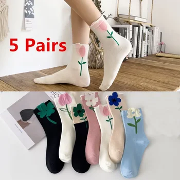 5 Двойки Лот, дамски чорапи с цветен модел, памучни чорапи в японски корейски стил, сладки Бели, Черни, розови Ежедневни чорапи с цветен модел Hajuruku Kawaii