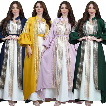 AB326 близкия изток Kuwait халат, Мюсюлманска мода, расшитое мъниста рокля от две части с пищни ръкави, Розово, жълто, черно джалабия за жени