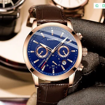 BINBOND Модерен мъжки бизнес кварцов часовник с каишка от естествена кожа, календар, водоустойчив часовници, мъжки спортни оригинални часовници