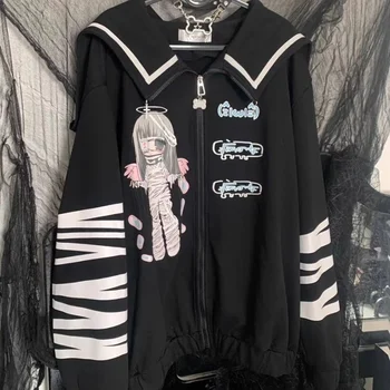 Egirl, есенно-пролетни блузи с аниме, японски емо инди hoody с дълъг ръкав, палто с цип, Кавайная пънк-готик яке, алтернативен топ