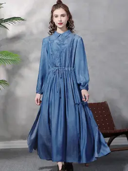 Engaland Лед и освежаващо джинсовое рокля женски Шелковистое рокля Embriodery е тънка рокля на експозиции С дълъг сращиванием дизайнерски рокли wy1532