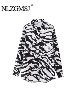 Nlzgmsj ТРАФИКА на 2023 Новата есенна блуза с домашен любимец принтом, дамски однобортная свободна риза с дълъг ръкав, уличен секси топ