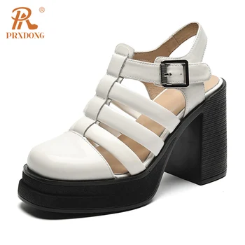 PRXDONG/ Дамски обувки, Нови Летни Модни Джапанки в Римски стил С Т-образно каишка, Черни, Бели Обувки От Естествена Кожа На Висок Ток И Платформа, Вечерни Сватбени Сандали