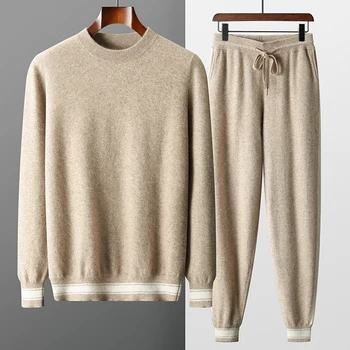 RONGYI, мъжки вязаный пуловер с кръгло деколте от 100% козе кашмир, есенно-зимни сгъстено прилепнали панталони на контрастни топли цветове