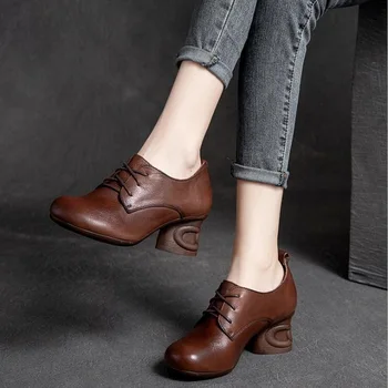 RUSHIMAN/ Женски единични обувки от естествена кожа; Новост есента 2021 на дебелите обувки в стил ретро с кръгла глава и дълбоки уста; модела обувки в черен цвят; Размер на 35-