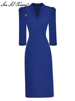 Seasixiang Модно дизайнерско пролетно-лятна рокля-молив, женствена рокля с V-образно деколте, 3/4 ръкав, брошки с кристали, сини офис дамски рокли