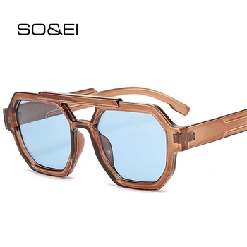 SO & EI, Ретро Двойни мостове, Женски мулти фасетиран Квадратни слънчеви очила, Модерен Сини Лилави Мъжки слънчеви очила с UV400