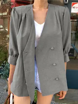 ZANZEA Елегантна двубортная връхни дрехи копчета, Официален блейзър, модни дамски обикновена якета, Лято 2023, ежедневни палто с пищни ръкави.