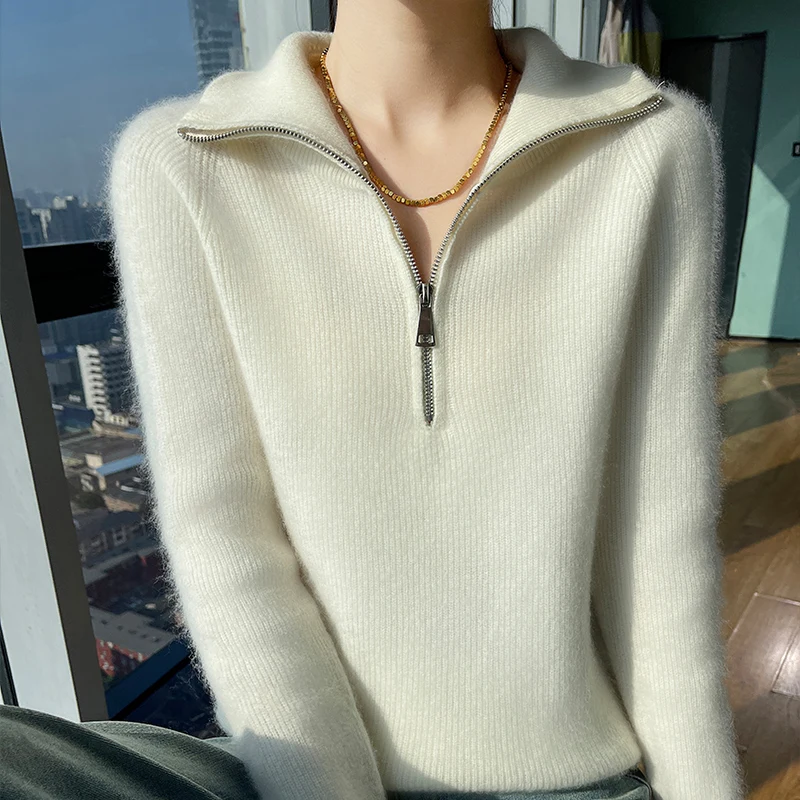 100% чист вълнен пуловер, женски вязаный пуловер с полуоткрытым яка с цип и дълги ръкави, свободен пуловер с мързеливи Жокер в долната риза