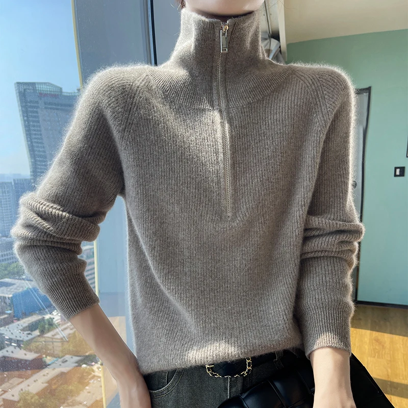 100% чист вълнен пуловер, женски вязаный пуловер с полуоткрытым яка с цип и дълги ръкави, свободен пуловер с мързеливи Жокер в долната риза