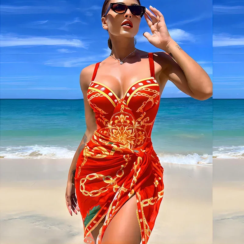 2023 Принт повдигащ Цял бански с плажна пола Бански с V-образно деколте Дамски плажни дрехи, Бански костюм Ретро Монокини Години