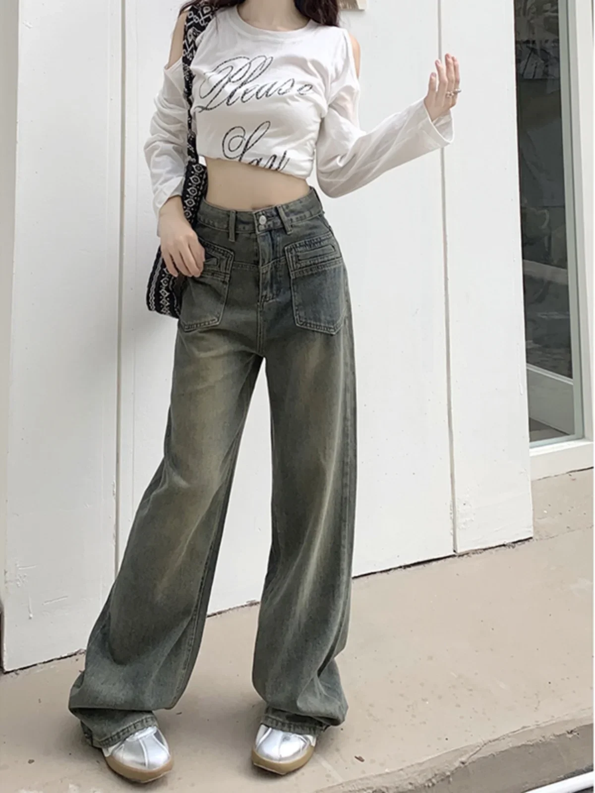 2024 Пролет-есен, женски нови свободни дънкови стегнати панталони за прибиране на реколтата, дамски ежедневни широки дънки, женски прави панталони S701