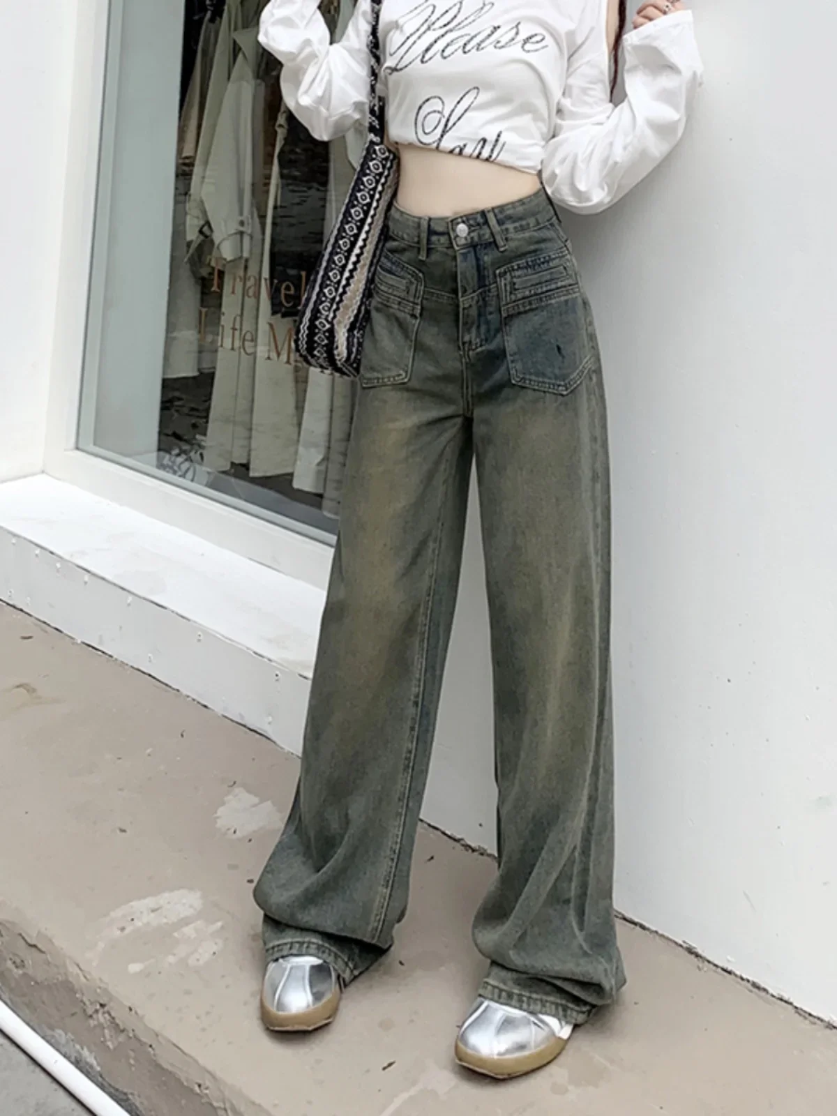 2024 Пролет-есен, женски нови свободни дънкови стегнати панталони за прибиране на реколтата, дамски ежедневни широки дънки, женски прави панталони S701