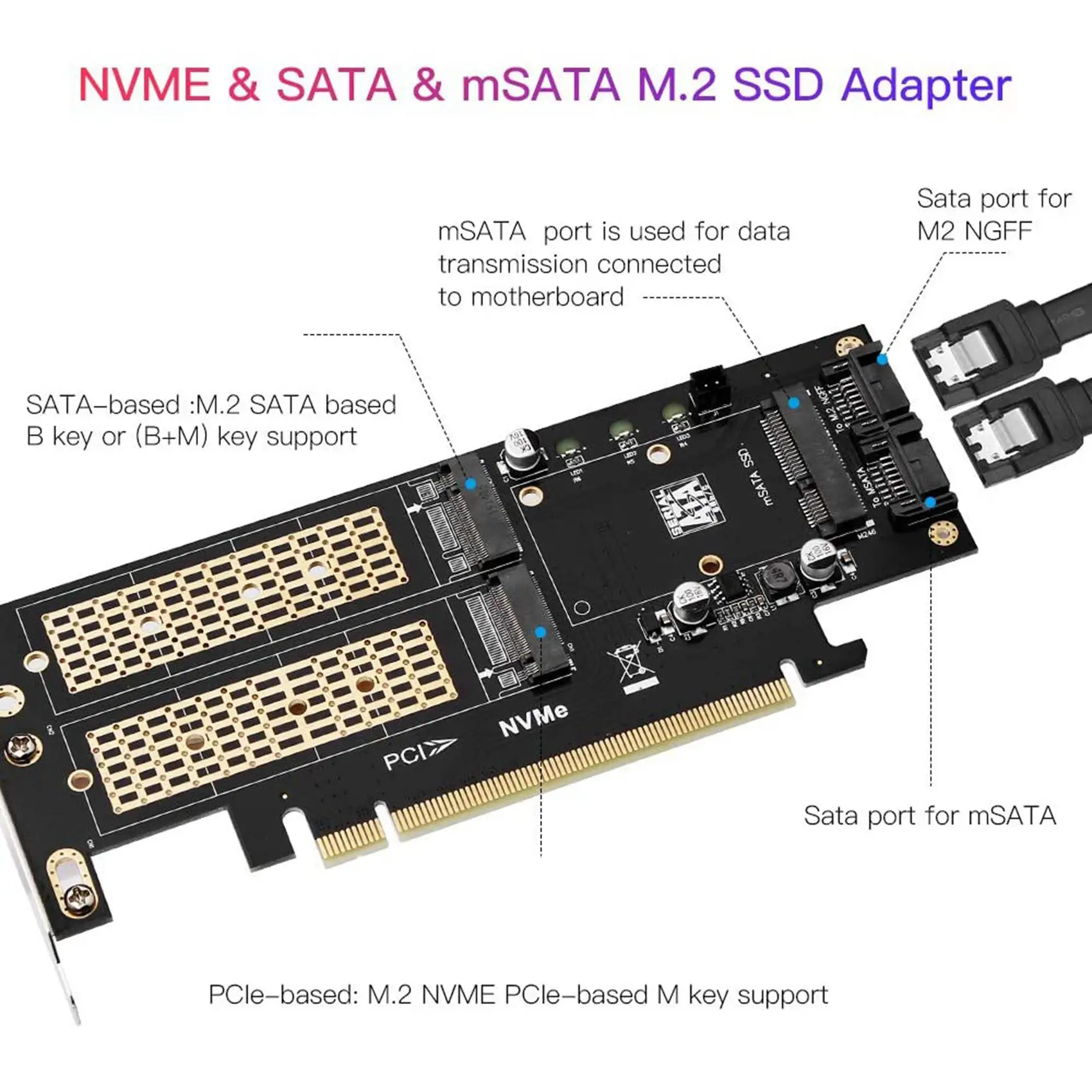 2X Карта-адаптер SSD NGFF и MSATA 3 в 1, M. 2 NVME за PCIE/ M. 2 SATA SSD за SATA III/ адаптер MSATA за SATA за 2280/2260