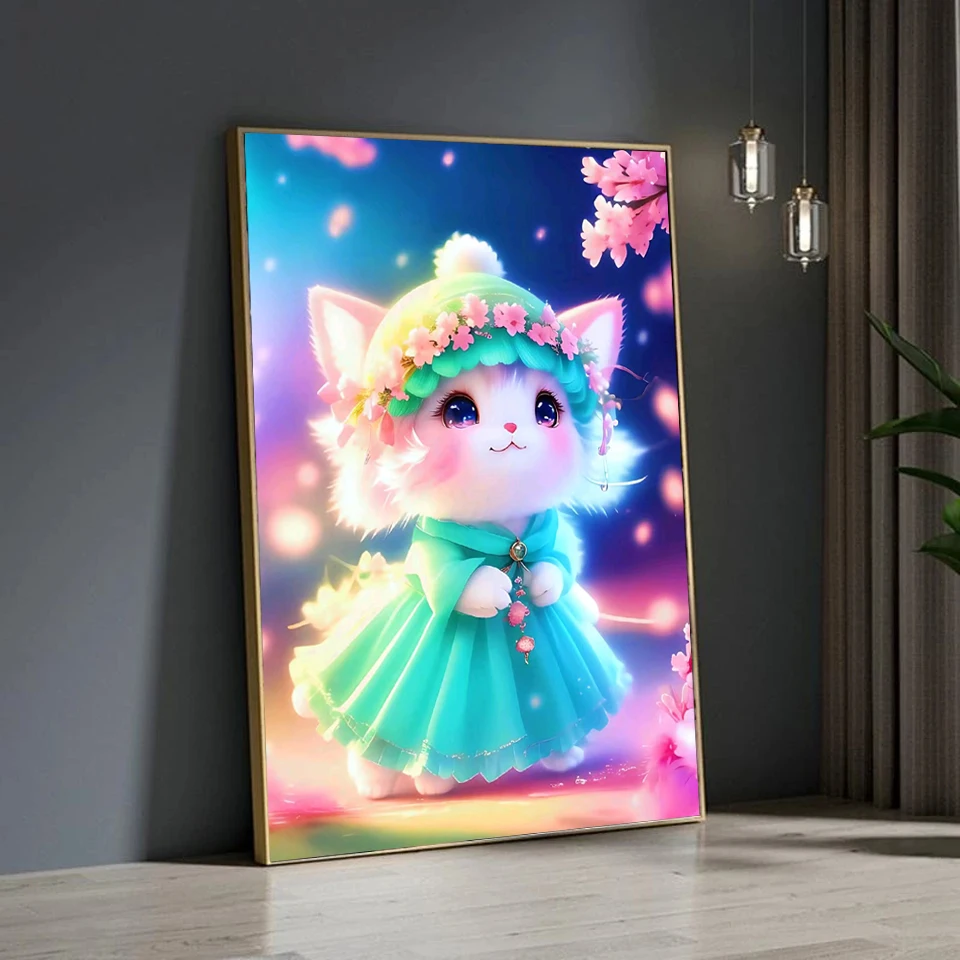 5D САМ Диамантена живопис Cherry Blossom Cat Бод Kit Пълна Бродерия Мозайка От кристали Подарък декор S572