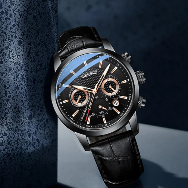 BINBOND Модерен мъжки бизнес кварцов часовник с каишка от естествена кожа, календар, водоустойчив часовници, мъжки спортни оригинални часовници