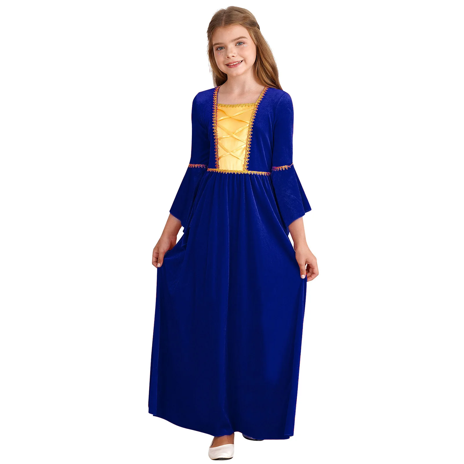 Cosplay-костюм за парти на Хелоуин за момичета, детски средновековна винтажное принцеса рокля с квадратна деколте, Дълъг расклешенный ръкав, Дълга рокля с висока талия