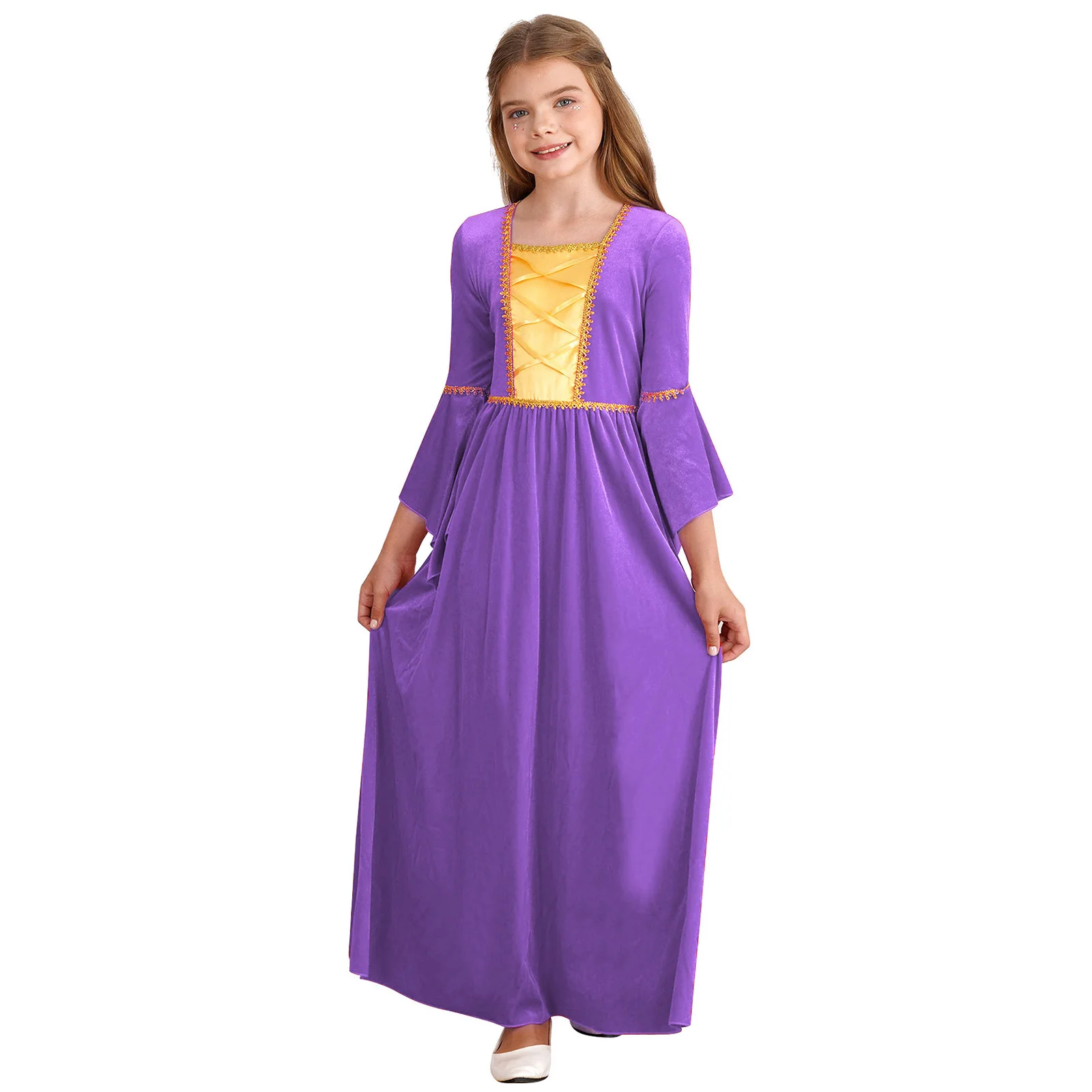 Cosplay-костюм за парти на Хелоуин за момичета, детски средновековна винтажное принцеса рокля с квадратна деколте, Дълъг расклешенный ръкав, Дълга рокля с висока талия