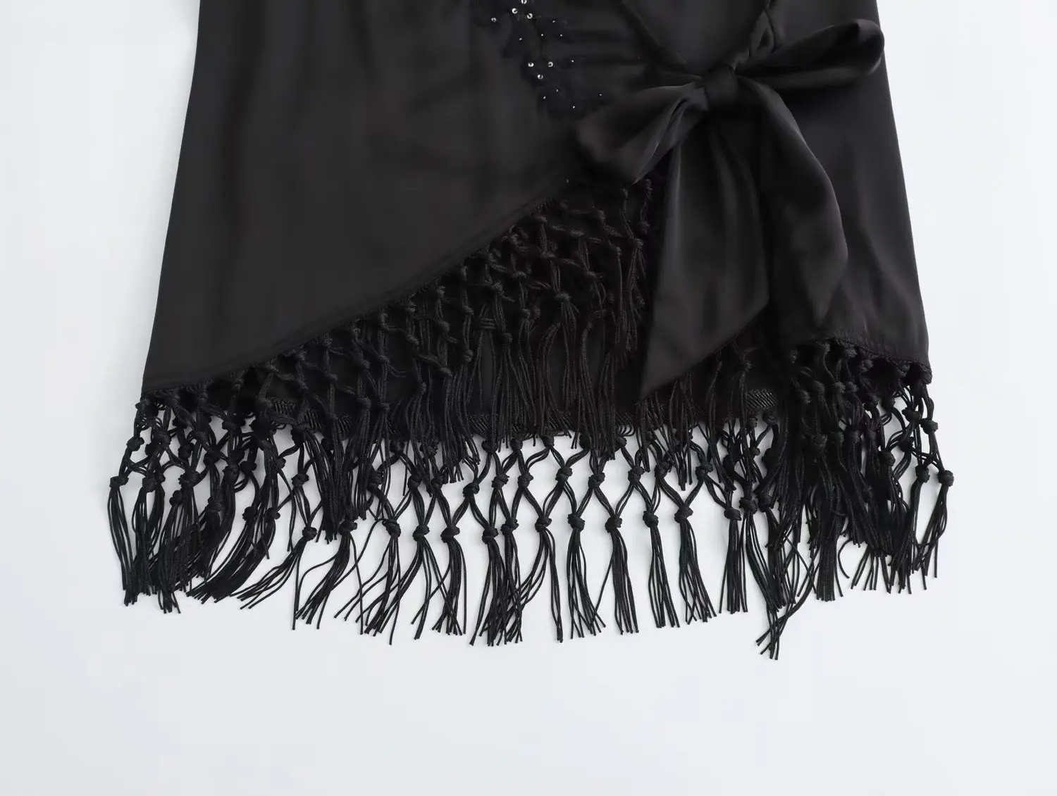 Elmsk Френска черна елегантна реколта риза-кимоно с бродерия кичури, Асиметрично яке, Всекидневни топ