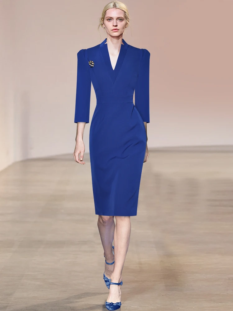 Seasixiang Модно дизайнерско пролетно-лятна рокля-молив, женствена рокля с V-образно деколте, 3/4 ръкав, брошки с кристали, сини офис дамски рокли