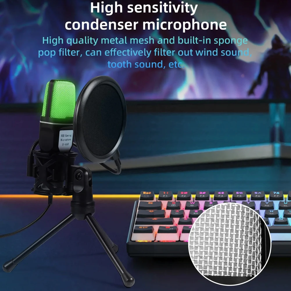SF666R USB Микрофон Професионална Видео RGB Слот микрофон Микрофон с шумопотискане с поставка за звукозаписно студио