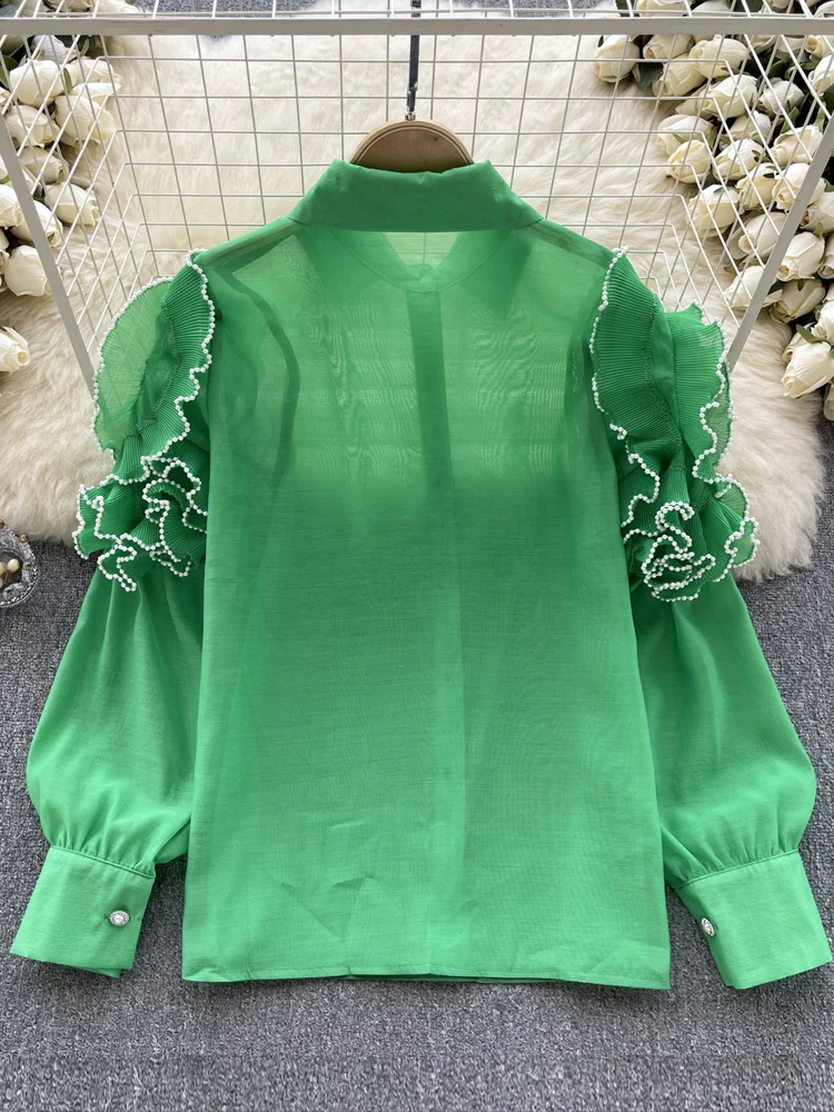 Дамска блуза с дълъг ръкав High street, риза с жемчужными рюшами Rhodo 2023, Нова прозрачна горна дреха, Зелен Розов Черен INKEO 3T112