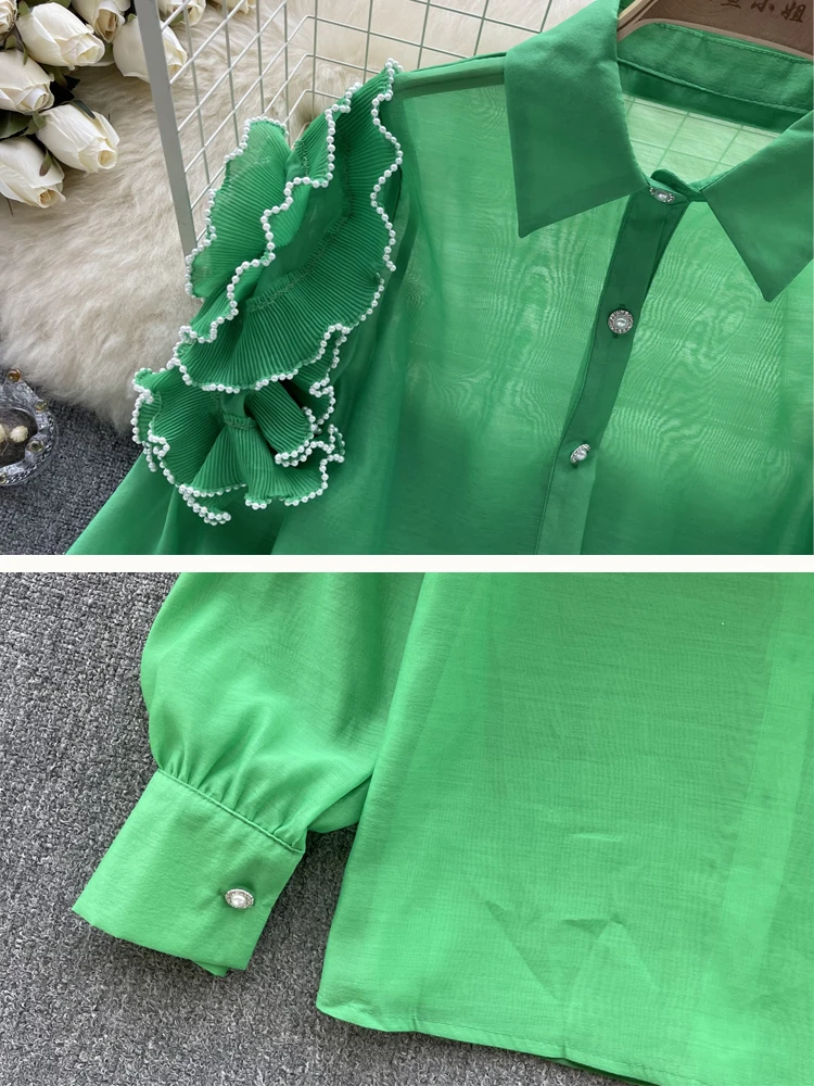 Дамска блуза с дълъг ръкав High street, риза с жемчужными рюшами Rhodo 2023, Нова прозрачна горна дреха, Зелен Розов Черен INKEO 3T112