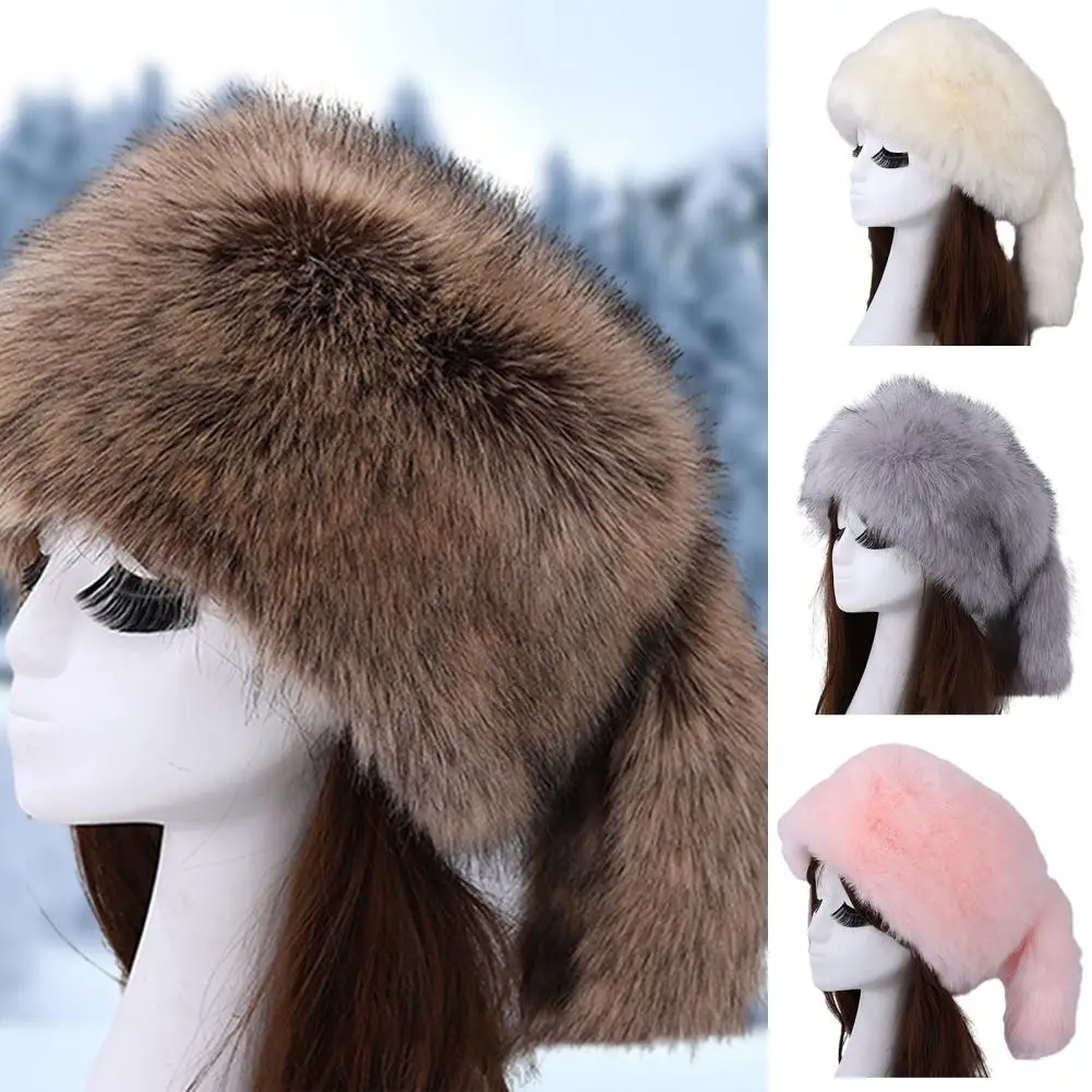 Дамска есенно-зимна удебелена топла шапка с плосък покрив, имитирующая на Лисици, Зайци кожа, Капачка за защита на ушите от изкуствена кожа в етнически стил С опашка