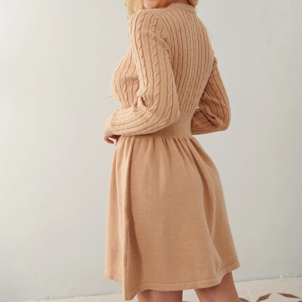 Дамско елегантно и топло рокля в стил мозайка с дълъг ръкав 2023, есен-зима, рокля-пуловер от ребрена плетени, всекидневни пуловер с висока воротом, мини-рокли