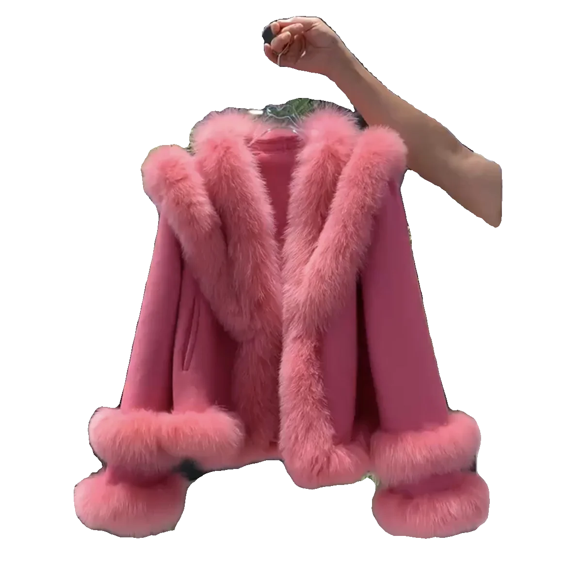 Дамско зимно вълна палто в стил мозайка от изкуствена лисьего кожа 2023, ново розово модно палто, безплатна доставка