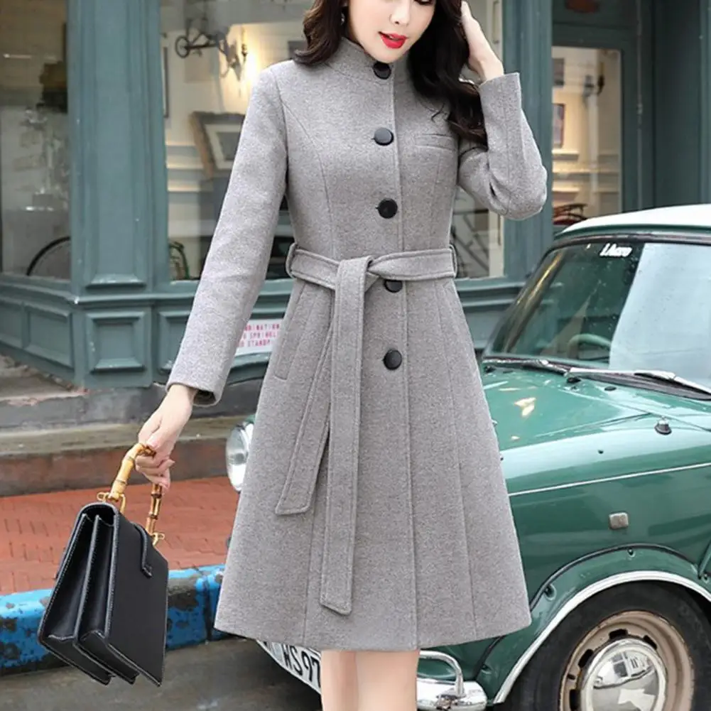 Дамско палто, стирающееся с дълъг ръкав, горна дреха с пояс на средна дължина, вълнена палта, стилни приталенная връхни дрехи е със средна дължина за отдих