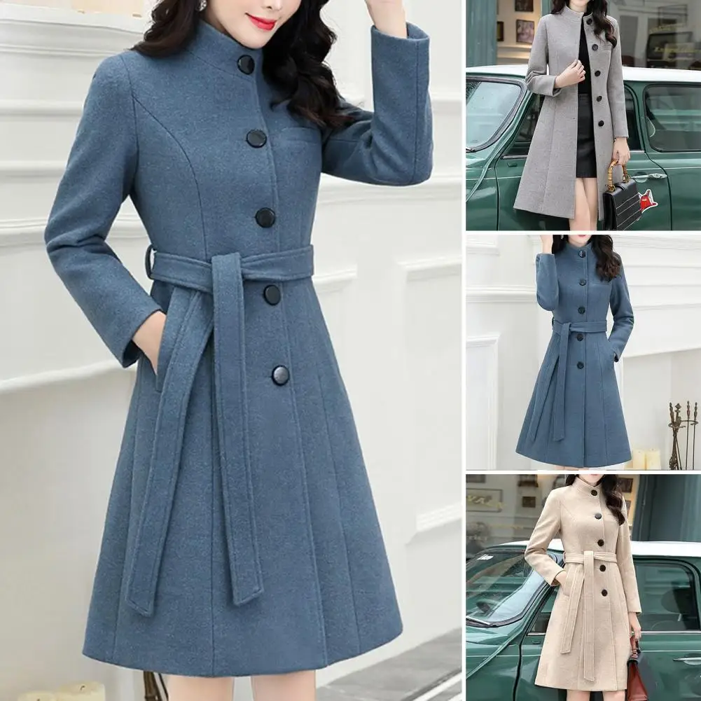 Дамско палто, стирающееся с дълъг ръкав, горна дреха с пояс на средна дължина, вълнена палта, стилни приталенная връхни дрехи е със средна дължина за отдих