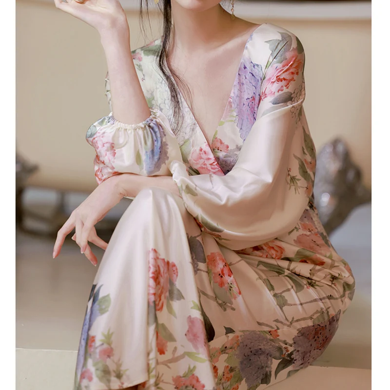 Елегантна рокля в японски стил, женствена рокля с V-образно деколте и цветисти принтом Vestido, дамски дрехи за лятната ваканция, Винтажное дебнещ луксозно