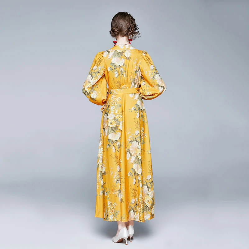 Есен богемное празнично жълто Макси рокля с флорални принтом, женствена рокля с ръкав-фенерче, колан с V-образно деколте, винтажное дълга плажна рокля за парти