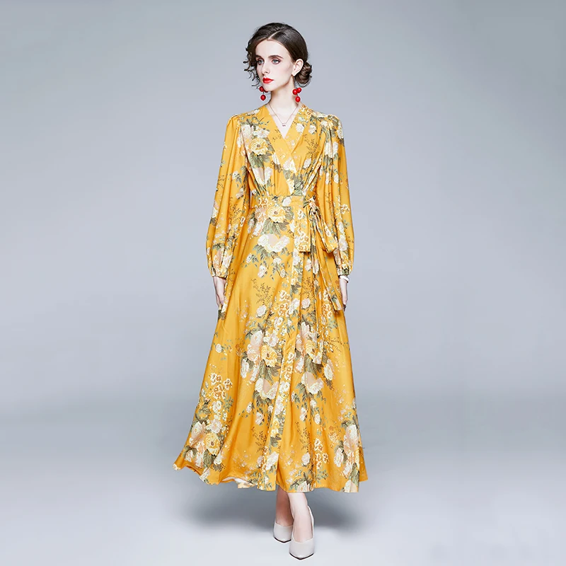 Есен богемное празнично жълто Макси рокля с флорални принтом, женствена рокля с ръкав-фенерче, колан с V-образно деколте, винтажное дълга плажна рокля за парти