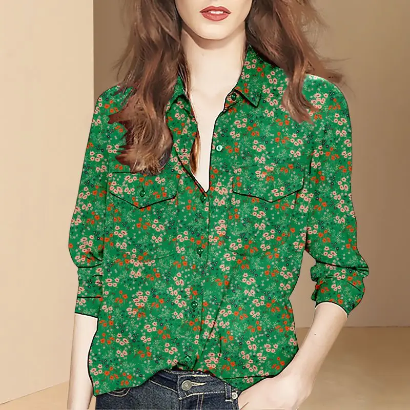 Есенна жена новост 2023 година, с модерна риза с принтом в ретро стил Хай стрийт с яка поло, модни универсална риза с дълъг ръкав