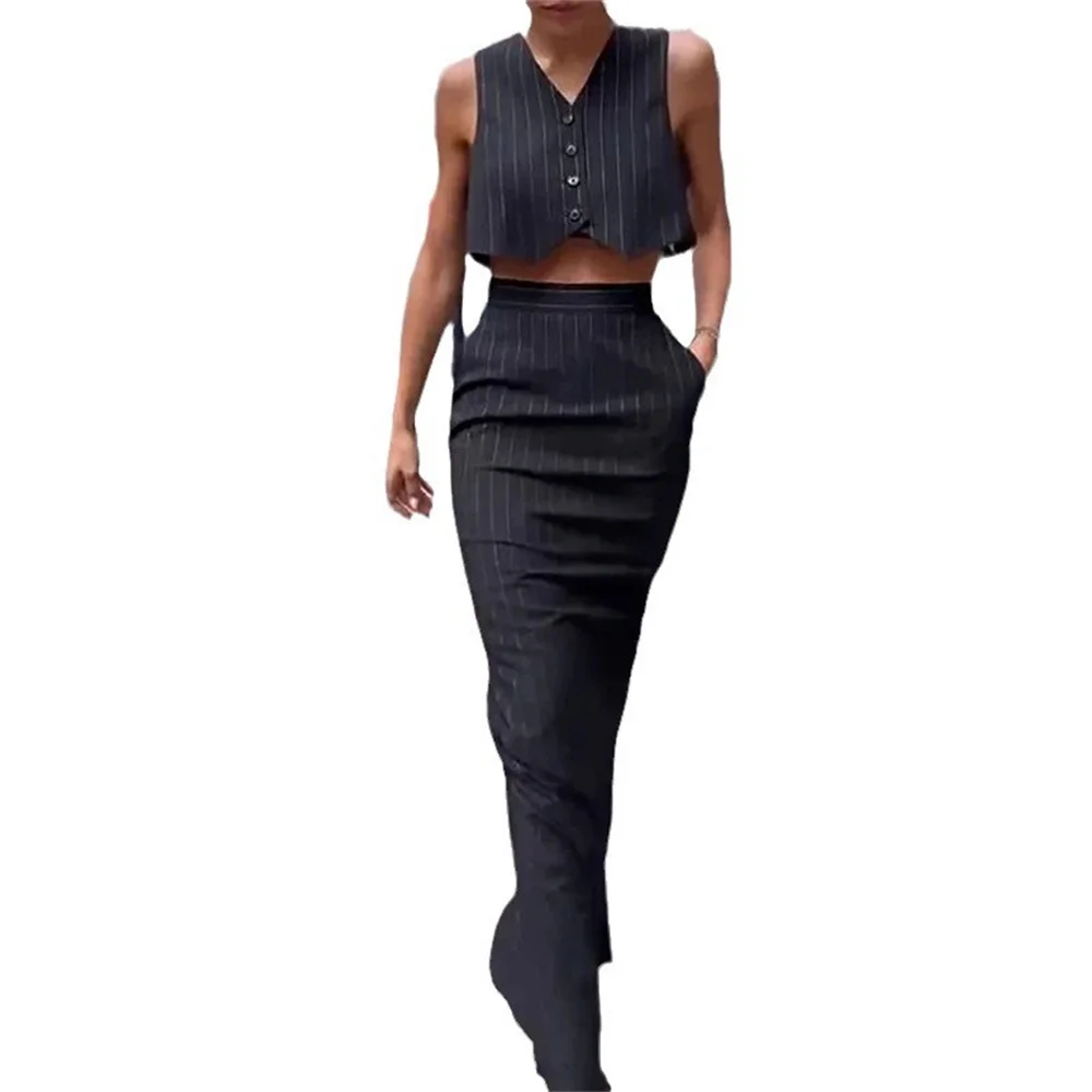 Жена съкратен жилетка в райе и дълга пола, комплект от 2 теми, Елегантни черни однобортные блузи с V-образно деколте, права пола, OL Връхни дрехи, костюми