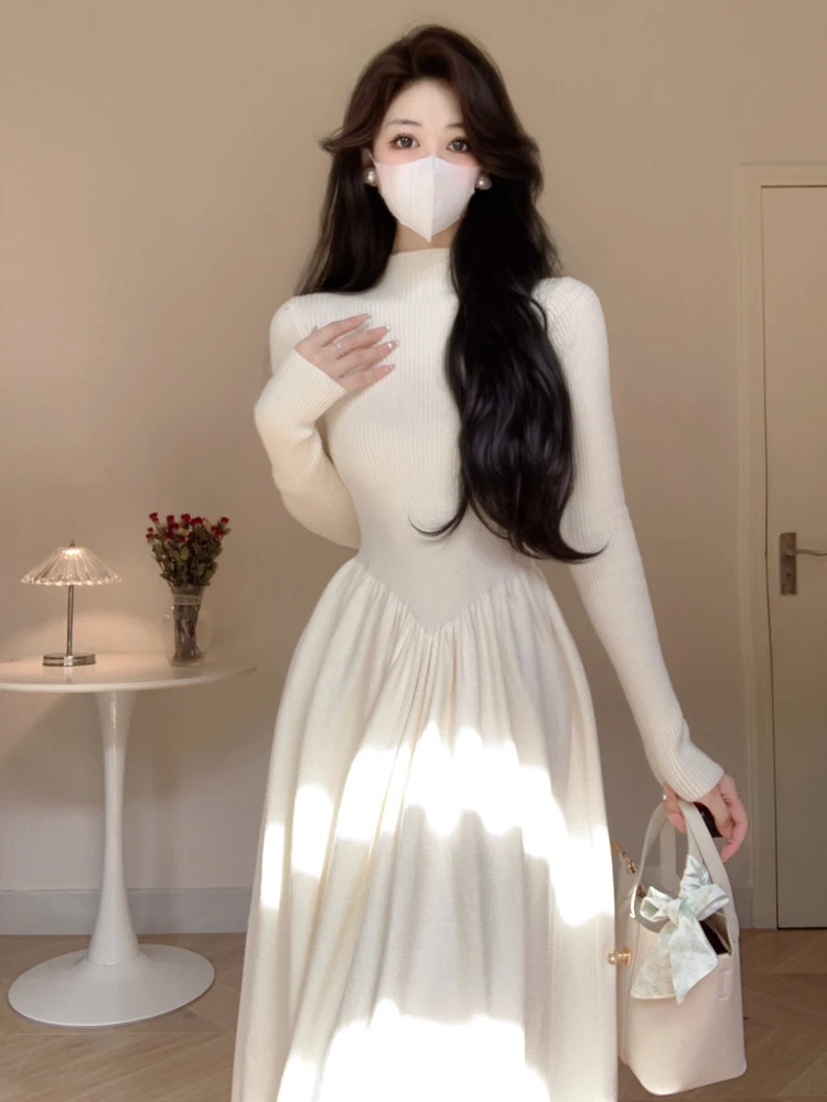 Женствена рокля с Полувысоким яка и волани Advanced Sense Есен Зима Ново Корейското Трикотажное рокля с тънки вътрешни наслоением 2023 г.