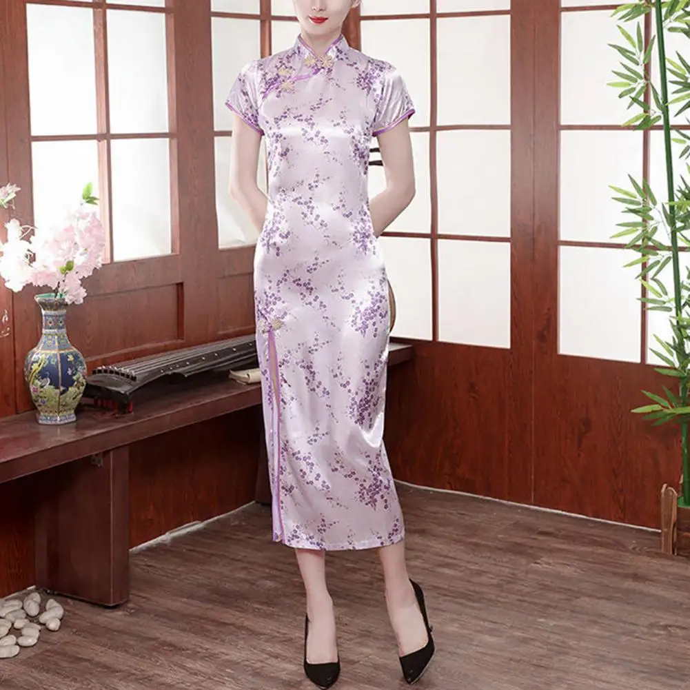 Женствена рокля Чонсам с принтом в ретро стил, Елегантен Изкуствен Сатен, Дълга Яка-часова китайски стил, Къс ръкав във формата на цвете Ципао