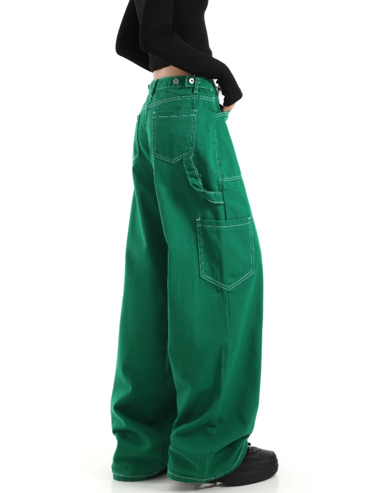 Зелени ретро обикновена дънки дамска мода с висока талия свободни Y2k голям размер, широки панталони INS хип-хоп прави панталони работно облекло