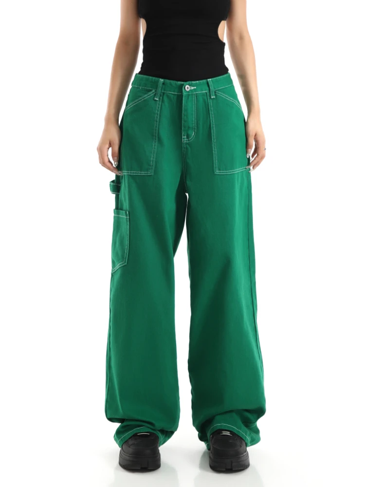 Зелени ретро обикновена дънки дамска мода с висока талия свободни Y2k голям размер, широки панталони INS хип-хоп прави панталони работно облекло