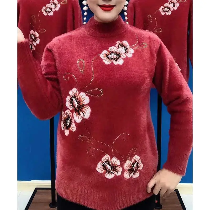 Зимен пуловер за мама 2022, женски дебел топъл норковый мек вълнен плат пуловер с принтом, шик вязаный пуловер на средна възраст, Женски, свободни топове
