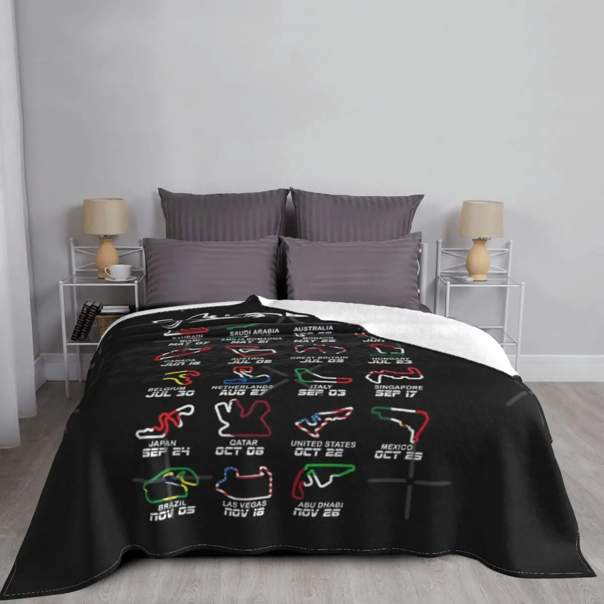 Календар на Състезателни автомобили от Формула 2023, Цвят Пътеки, Одеала, Покривки за легло, Аниме Разтегателен диван