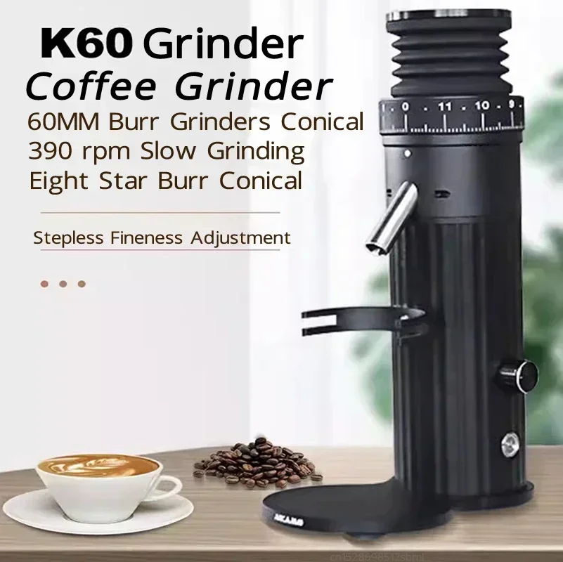 Кафемелачка K60 с бавното смилане, 60-миллиметровая кафемелачка с титан заусенцами, Безстепенно регулиране на скоростта, кафе машина, мелница за еспресо