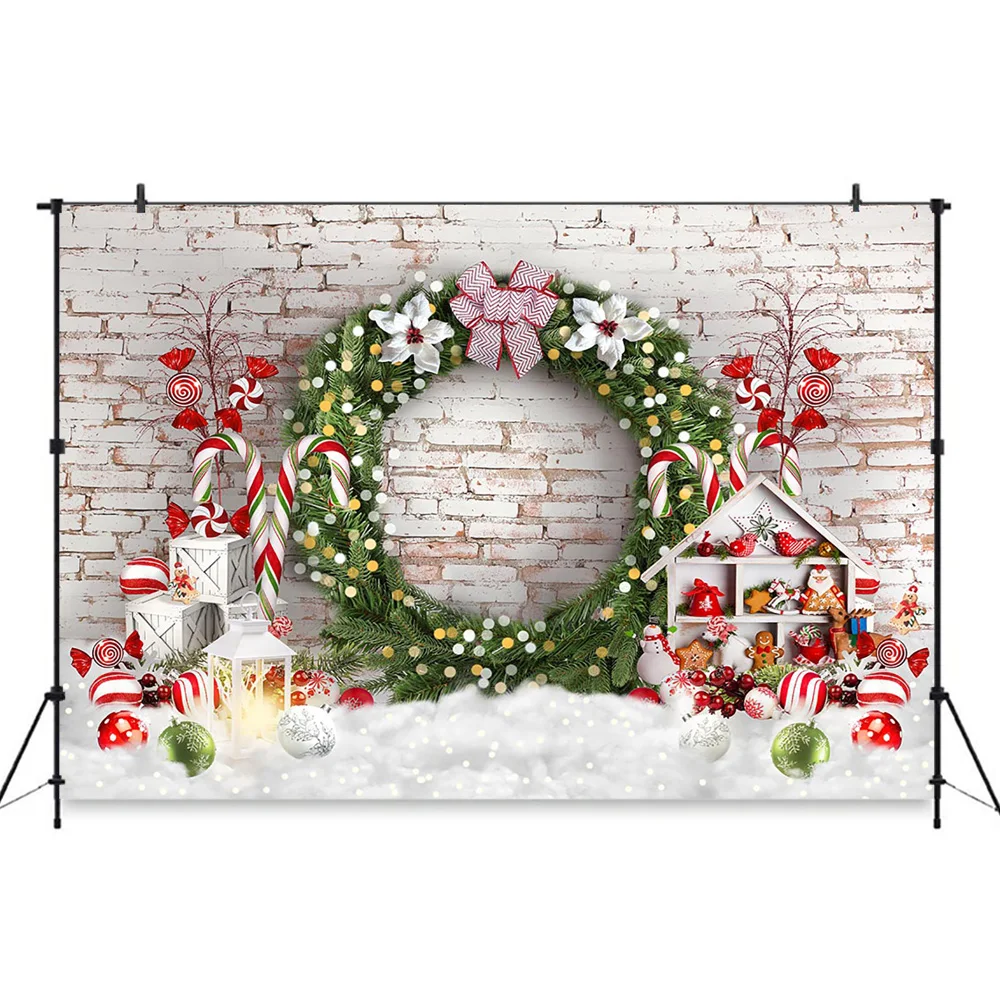 Коледна украса Mocsicka за тухлена стена в ретро стил, венец, дар от бонбони, блестящ фон, подпори за детска фотосесия в помещението за малки деца